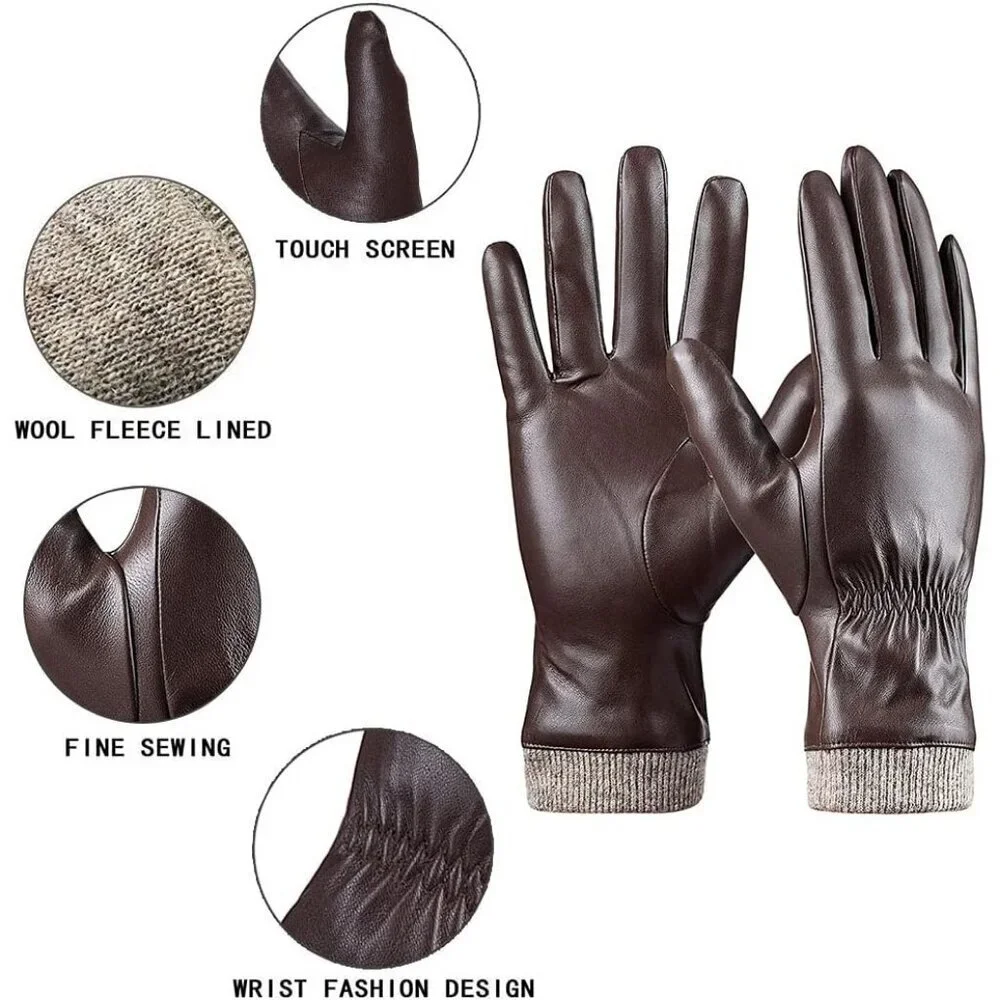 Women's Brown Winter Leather Gloves Wool Fleece Lined Thermal Touchscreen